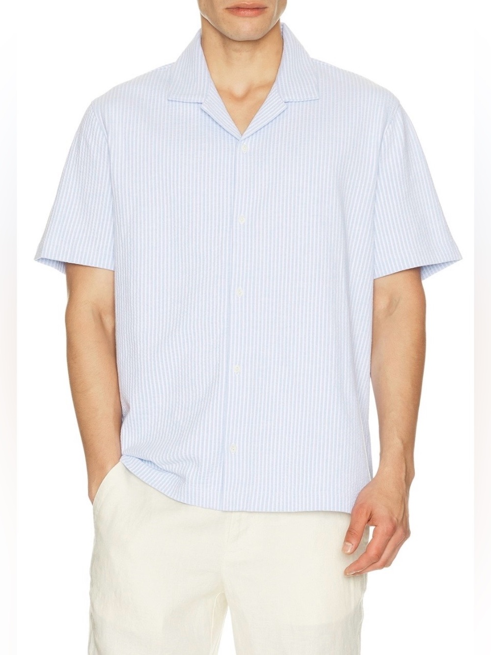 Vince Seersucker Stripe Short Sleeve Cabana Shirt in Rainwater & Optic White XL